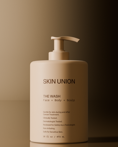 A beige pump bottle of SKIN UNION The Wash Face + Body + Scalp, set against a dark brown gradient background with a reflective surface.